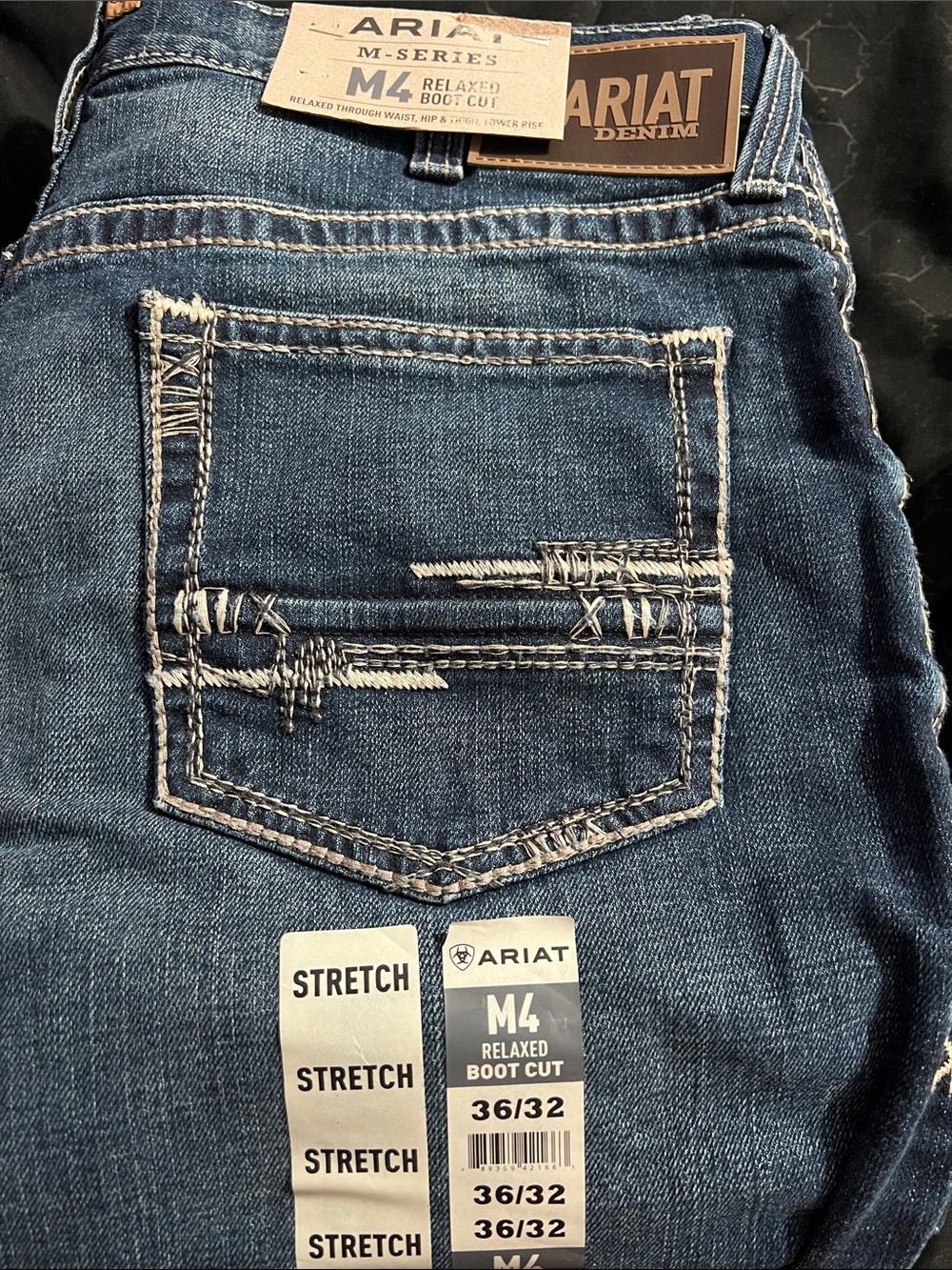 Ariat M4 Relaxed Boot Cut Jeans - Dark Blue with White Stitching